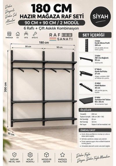 Tr 180 Cm Duvar Raf Askılık Sistemi 6 Raflı 2 Modül 200 Cm Konik Dikme Hazır Set Siyah Genel