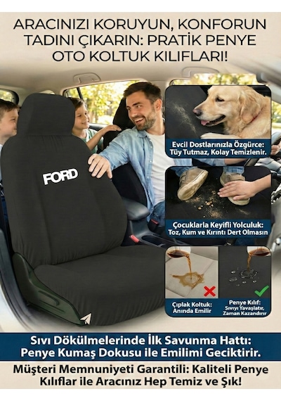 Ford Tourneo Courier İle Uyumlu Koltuk Kılıfı Servis Tipi Siyah Penye Kumaş Siyah