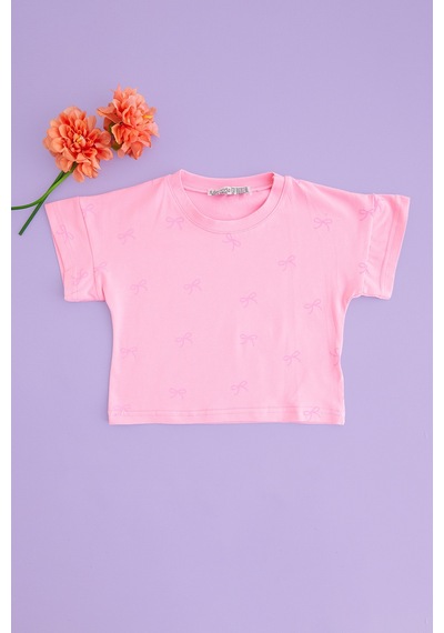 Fullamoda Fiyonk Baskılı Kız Çocuk Crop Tişört Pembe