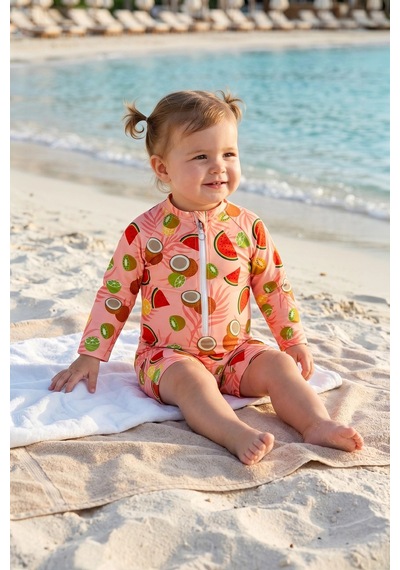 Zuzunga Summer Fruit Desenli Kız Bebek Uzun Kollu Fermuarlı Tulum Mayo