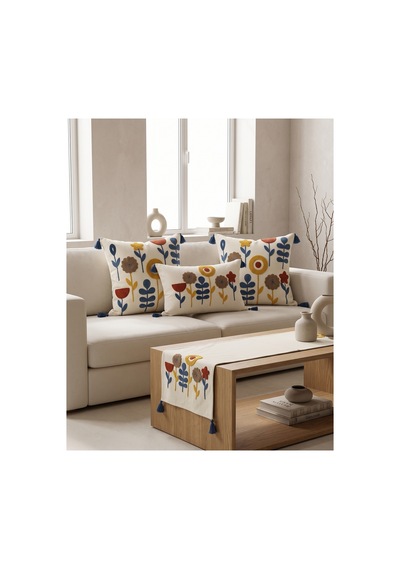 Flora Garden 4 Lü Punch Nakışlı Kırlent & Runner Seti 2 Kare + 1 Dikdörtgen Kırlent Kılıfı + 1 Runner Amerikan Servis Mavi