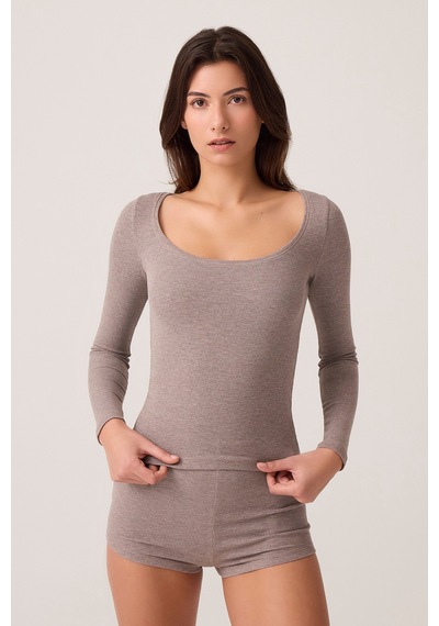 Los Ojos X Ece Vizon Modal Kumaşlı Uzun Kollu Şortlu Pijama Takımı Ribbed Pj Vizon Vizon