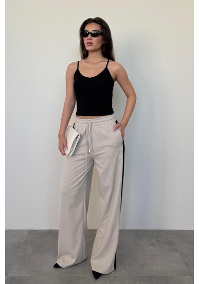 Madmext Bej Şerit Detaylı Bol Paça Kadın Pantolon Mg2441 Bej