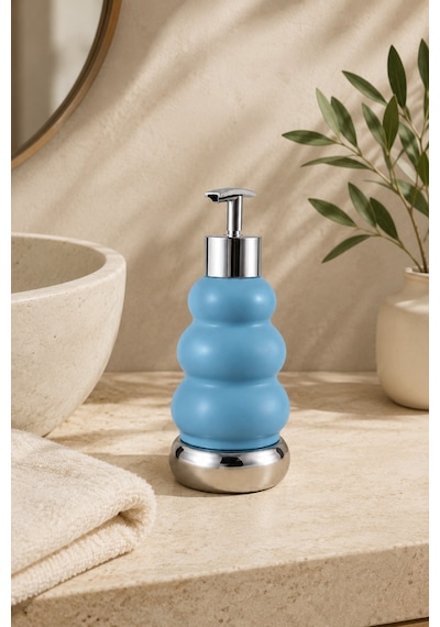 Trıo Dekoratif Premium 3 Boğumlu Sıvı Sabunluk 300 Ml Krom Görünümlü Pompalı Pastel Yeşil Banyo Ve Mutfak Sabun Dispenseri - 18,5 Cm X 7 Cm Mavi
