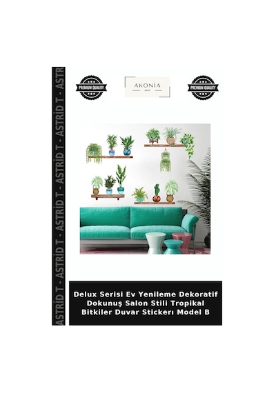 Delux Serisi Ev Yenileme Dekoratif Dokunuş Salon Stili Tropikal Bitkiler Duvar Stickerı Model B Çok Renkli