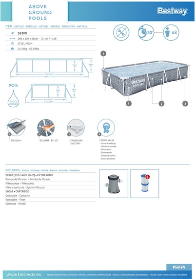 Bestway Steel Pro Dikdörtgen Prefabrik Yer Üstü Havuz Seti 3,66 M X 2,01 M X 66 Cm