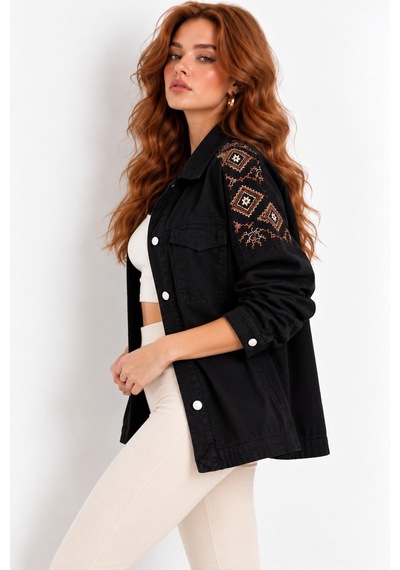 Saade Siyah Etnik İşlemeli Oversize Denim Ceket