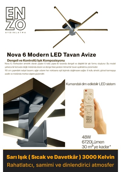 Nova 6 Füme Led Tavan Avize Kumandalı Dim Edilir Aşağı Işık Sarı Işık