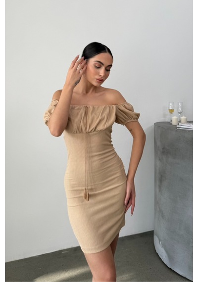 Msm Fashion Kadın Elbise Mini Yazlık Kısa Kollu Yaka Detaylı Esnek Bodycon Elbise Bej