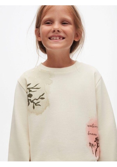 Kız Çocuk Pamuklu Orta Kalınlık Batik Desenli Sweatshirt-14714 KREM