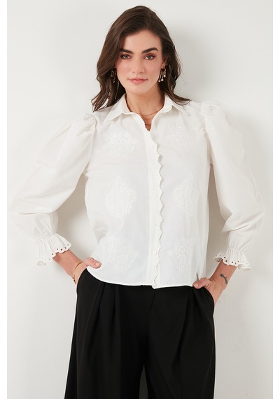 Lela Pamuklu Slim Fit Nakışlı Balon Kol Bayan Gömlek 676208 Ekru