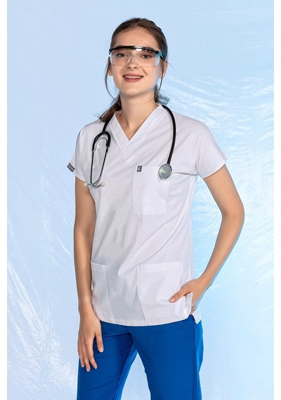 Likralı Yarasa Kol Doktor&Hemşire Forması Beyaz Tek Üst (498516140)