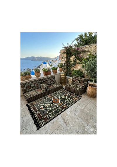 20 Cm Kalınlıklı Şark Köşesi Takımı - 70x190 + 70x95 Anadolu Gri Desenli Minder Seti