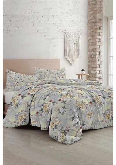 King Size Gri Sarı Güller Lüks Çift Kişilik Pamuk Saten Nevresim Takımı 220x240cm, Monohome44343 Çok Renkli