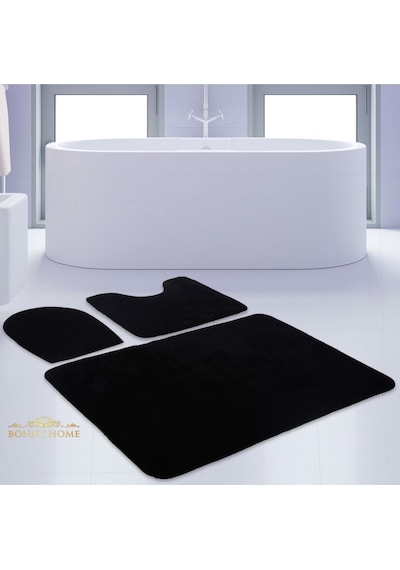 Bonny Home Unicolor Düz Siyah 3lü Banyo Paspası Halısı Seti Kaymaz Siyah