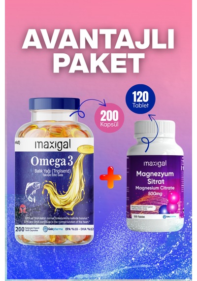 Omega 3 Balık Yağı 200 Kapsül + Magnezyum Sitrat 120 Tablet Avantajlı Paket