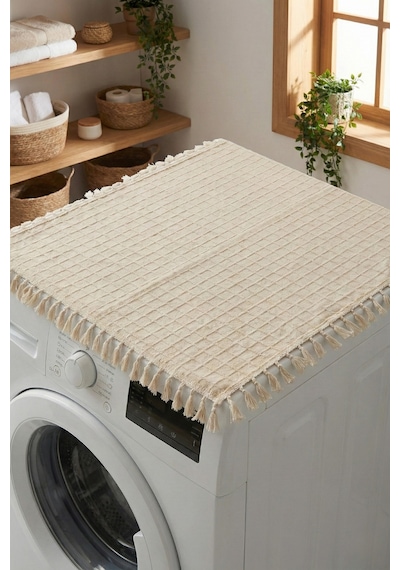 Vintage Püsküllü Çamaşır Makinesi Örtüsü - Çeyizlik Buldan Bezi Dekoratif Banyo Makine Kılıfı Bej