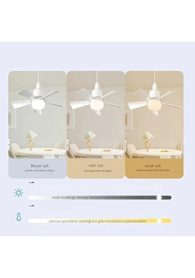 5 Kanatlı Led Işıklı Tavan Vantilatörü Sessiz Çalışan, Uzaktan Kumandalı, Modern Beyaz Tasarım Diğer
