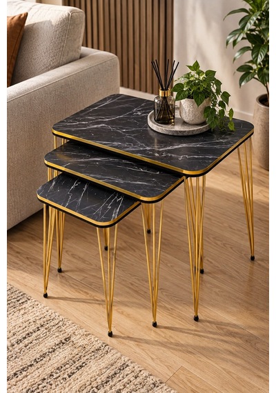 Sulorahome Siyah Mermer Desenli Gold Bendir Tel Zigon Sehpa Seti