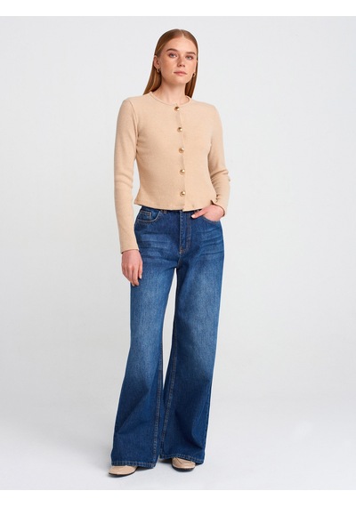 Dilvin 71784 Dökümlü Kumaş Geniş Denim Pantolon Lacivert