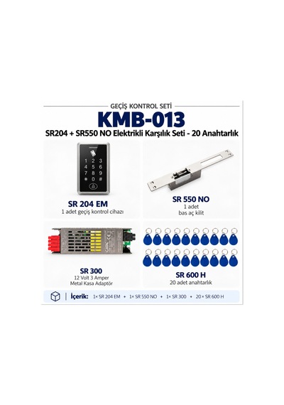 Sr-204 Em Kartlı Şifreli Geçiş Seti + Sr-550 No Fail Secure Kilit + Sr-300 Adaptör + 20 Adet Sr-600 H Rfıd Anahtarlık