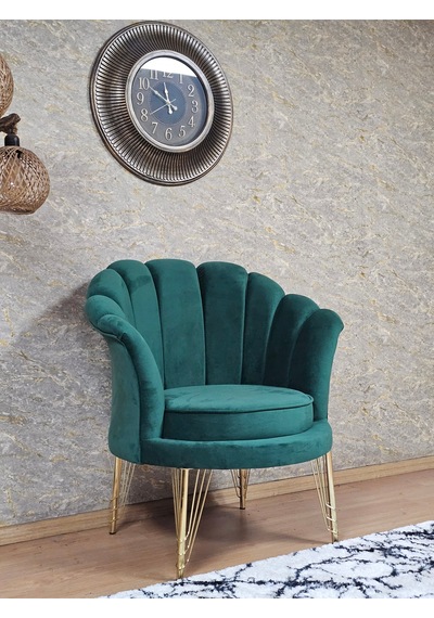 Zafir Tekli İstiridye Gold Kaplama Telli Ayak Çay Seti Koltuk Tekli Berjer , Balkon, Salon, Ofis Yeşil