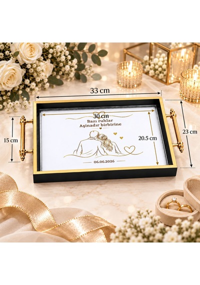 Bk Gift Kişiye Özel Siyah&gold Söz Nişan Tepsisi-8 - 39x23 Cm Çok Renkli