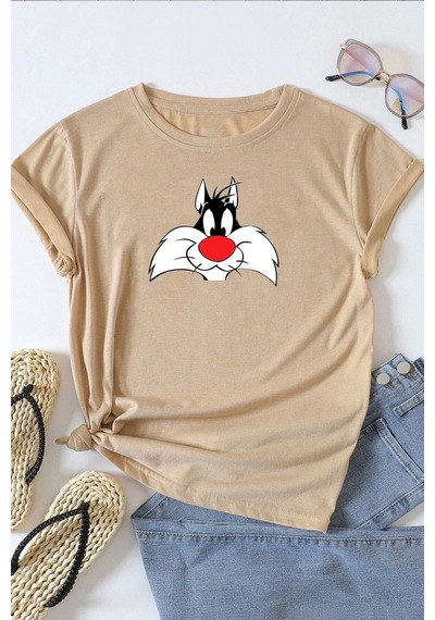 Unisex Sylvester Baskılı Tasarım T-shirt Bej