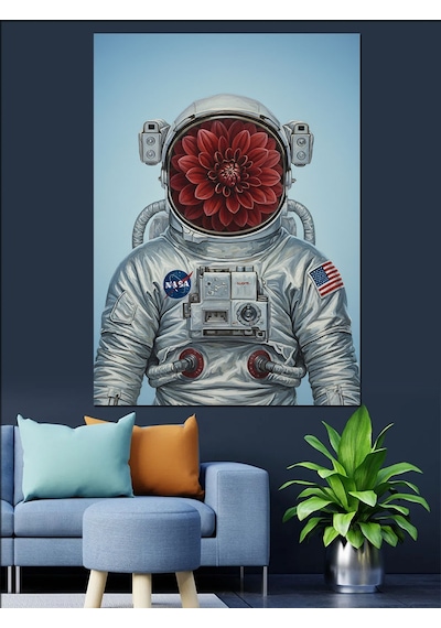 Ahşap Tablo Çiçek Başlı Astronot