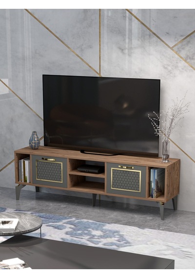 Tv Sehpası Tv Ünitesi Atlantik Çam Antrasit Gold 160 Cm Linya 5040 Kahverengi