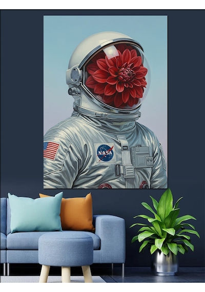 Karizma Tablo Astronot Başlı Çiçekli Adam Dekoratif Kanvas - Mdf Ahşap Tablo