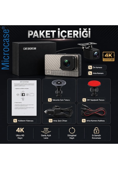 Tr Wifi Destekli Akıllı Kayıt Sistemli 4k Çift Kameralı Araç Kamerası Video Kayıt Cihazı Al5756