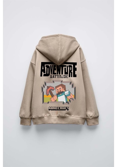 Erkek Çocuk Mınecraft Modelli Kol Manşetli Pamuk Kapşonlu Sweat Bej