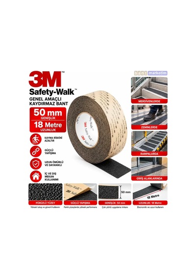 3m 610 Safety Walk Genel Amaçlı Kaydırmaz Bant 50mm X 18 Metre Siyah Bant Marketim