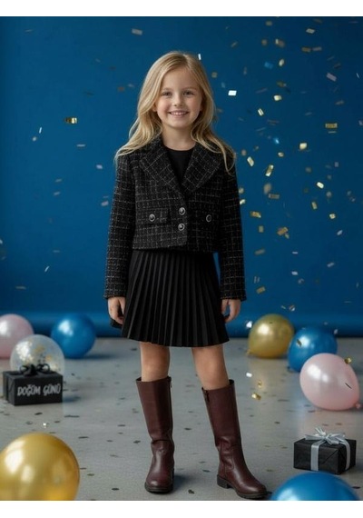 Zekids Kız Çocuk Tüvit Simli Crop Ceket-16432 Siyah