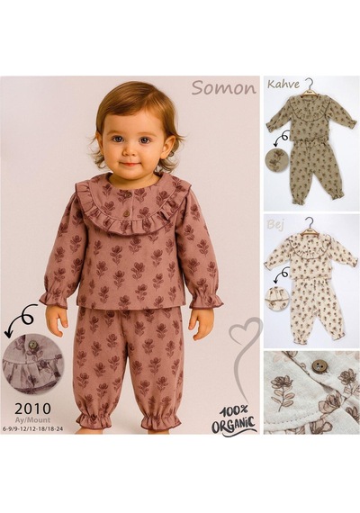 Babyhola Kız Bebek Bayramlık Takım Fırfır Yakalı Çiçek Desenli Müslin İkili Set 2010 Bej