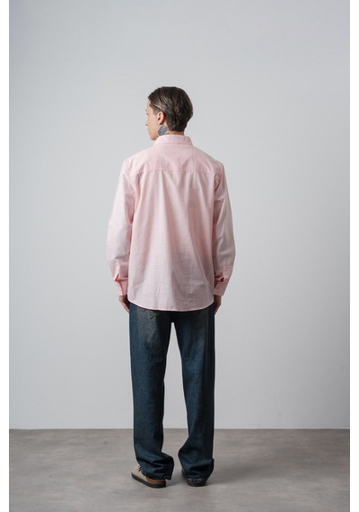 Respire Erkek Res Nakışlı Uzun Kollu Keten Oversize Gömlek Pembe