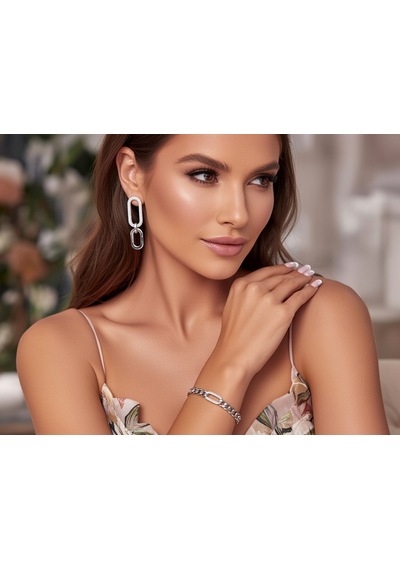 Tiptop/ Gümüş Renk Zirkon Taşlı Sallantılı Model Çelik Küpe -zincir Model Zirkon Taşlı Bileklik Gümüş