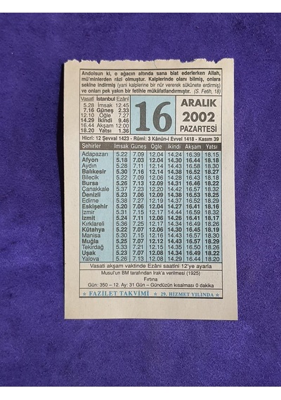 16 Aralık 2002 Takvim Yaprağı - Nostalji Koleksiyonluk Takvim Yaprağı