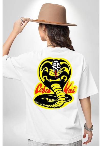Cobra Kai Karete Çocuk Yılan Logo Dizi Beyaz Oversize Unisex Ön Ve Sırt Baskılı Tişört Beyaz