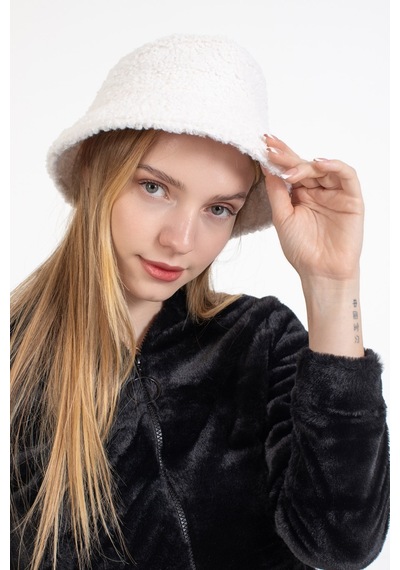Ladycolor Şapka Kıvırcık Peluş Kumaş Bucket Modeli Krem Krem