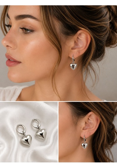 Puffy Kalp Charm Gümüş Rengi Çelik Halka Sallantılı Küpe