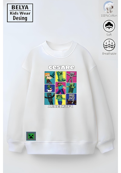 Belyakidswear Tam Kalıp Oversize Erkek Çocuk Pamuğa Pamuk 3 İplik Kumaş Min2 Tasarım Sweatshirt Beyaz