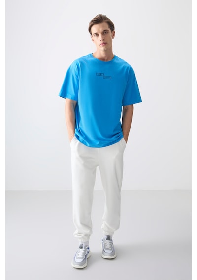 Air Jones Tommy Life Petrol Mavi %100 Pamuk Kalın Yumuşak Dokulu Oversize Fit Baskılı Erkek T-shirt - 88361 Petrol Mavi