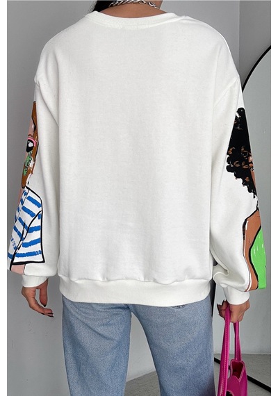 Femelle Kadın Beyaz 3 İplik Şardonlu Baskılı Oversize Pamuk Sweatshirt