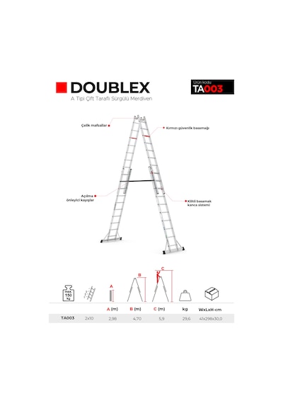Çağsan TA003 2x10 Basamaklı Doublex A Tipi Çift Taraflı Sürgülü Merdiven