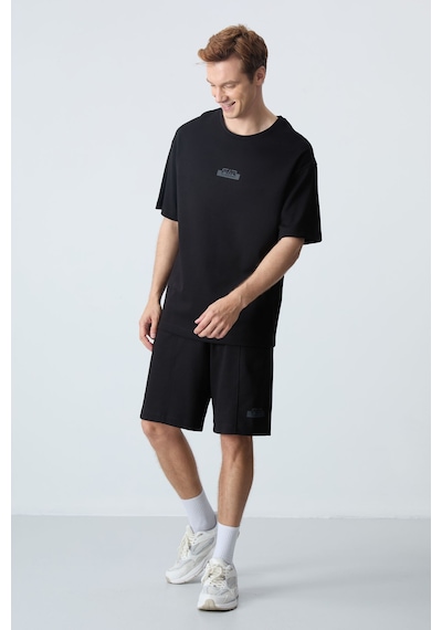 Tommy Life Siyah Pamuklu Kalın Yumuşak Dokulu Oversize Fit Basic Erkek Şort Takım - 85259