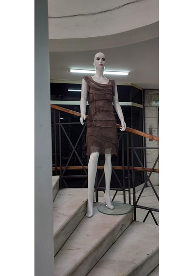 Bohem Stil Kat Kat Taşlanmış Mini İpek Elbise Kahverengi