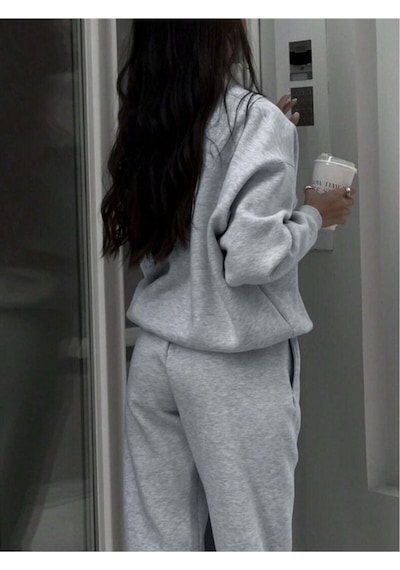 Basic Düz Fermuarlı Eşofman Takımı Sweatshirt Jogger - Gri Oversize Şardonlu Dik Yaka Gri