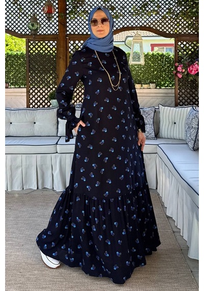 Rabia Şamlı Gül Mavi Çiçekli Elbise Normal